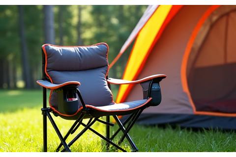 Deluxe padded quad chair with a built-in cooler and cup holder, placed next to a tent at a car camping site, showcasing comfort.