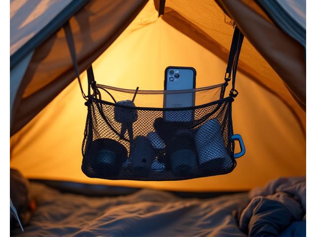 Interior of a tent showing a mesh gear loft suspended from the ceiling.