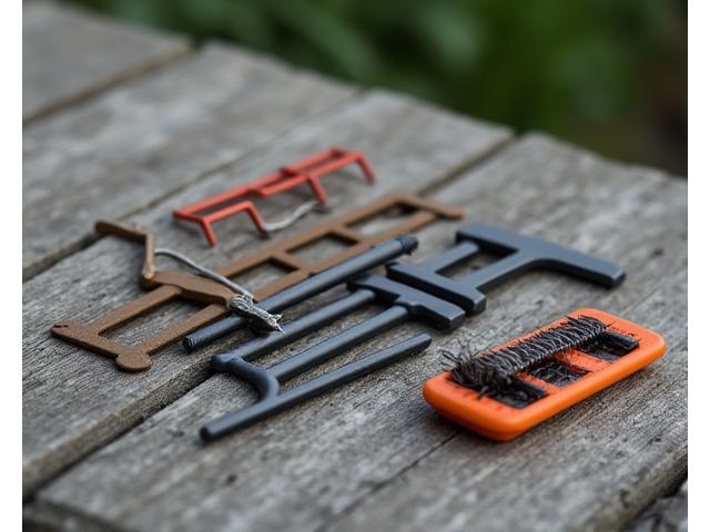 Assortment of heavy-duty tent stakes and a compact tent repair kit.