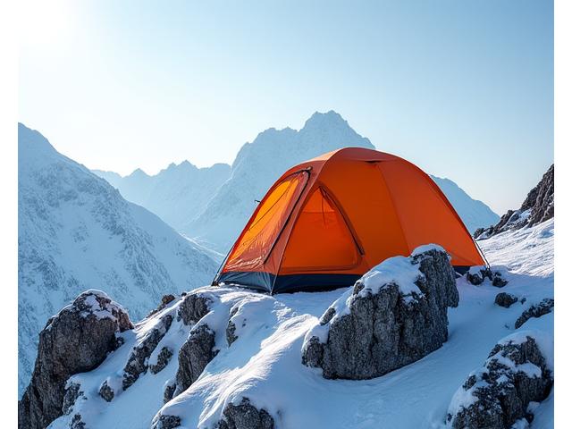 Rugged four-season expedition tent solidly anchored in a snowy mountain landscape.