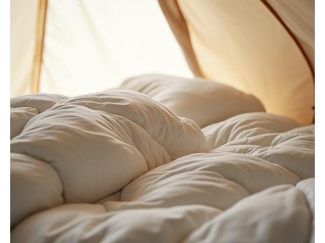 Plush, oversized sleeping bag with luxury fabric in a tent