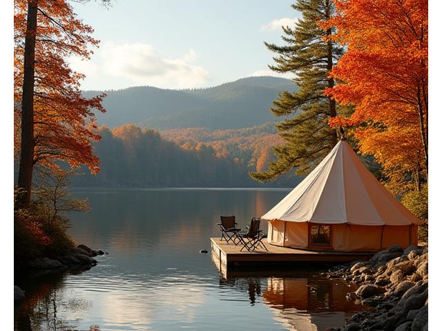 Cozy glamping tent by a lake in the Adirondacks during autumn