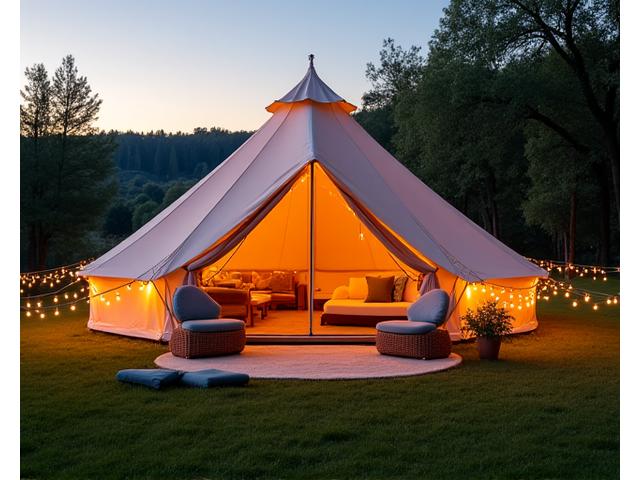 People setting up a large, stylish glamping tent with string lights and outdoor furniture
