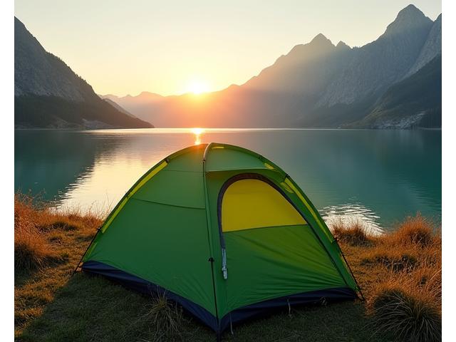 Stormproof 4-person tent set up by a mountain lake at sunrise.