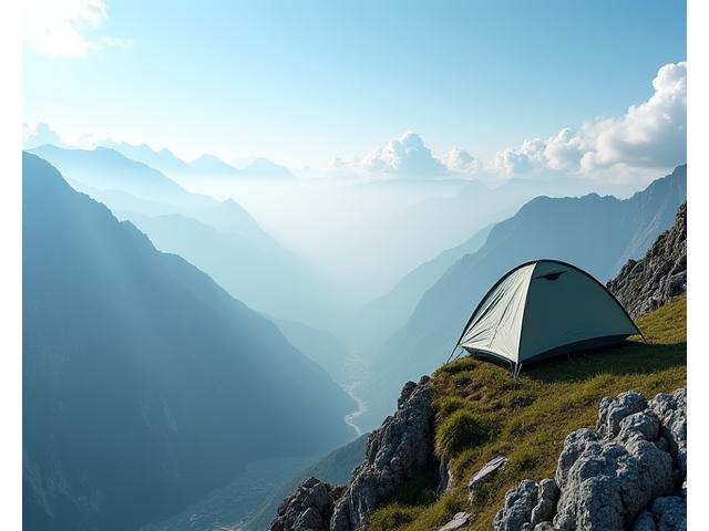 Ultralight backpacking tent pitched on a rocky outcrop overlooking a valley.