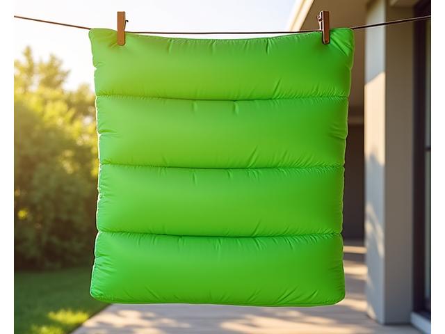 Sleeping bag hanging to dry in a well-ventilated outdoor area or laundry room, after washing